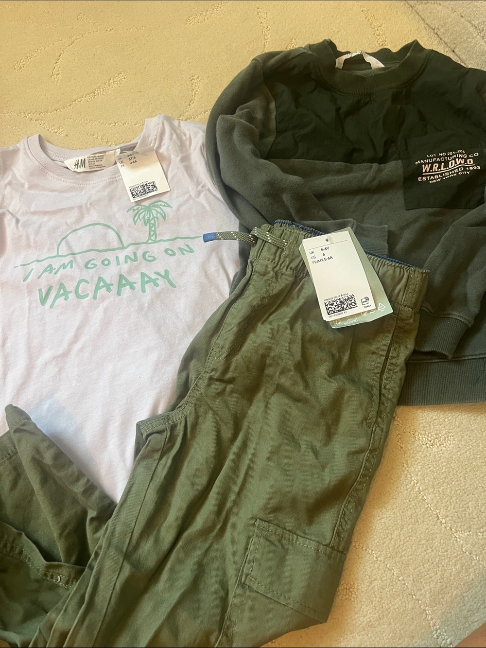 H&M Graphic Tee + Olive Cargo Pants + Green Sweatshirt Bundle